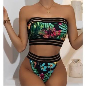 Tropical Print Hollow Out Bandeau Bikini